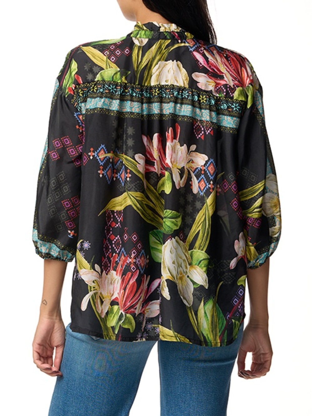 NWT. Johnny Was Elda Black Floral 100% Silk Button-Down Blouse in Iris Whisper M - Picture 9 of 10
